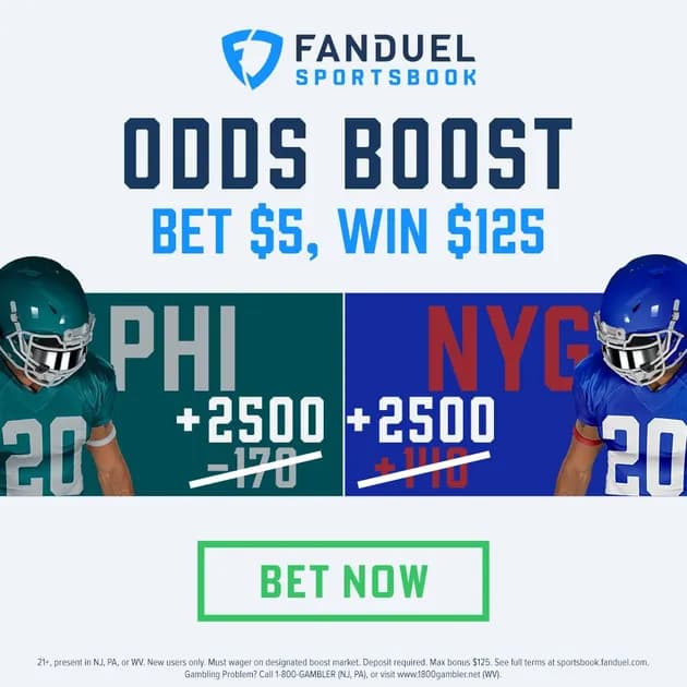 Get 25/1 on the Eagles or Giants to win – Bet $5 win $125!