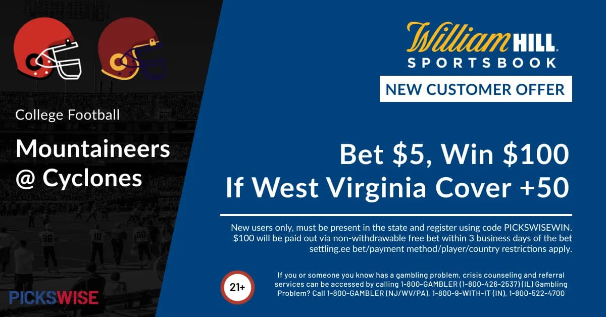 Bet $5, Win $100 if the Mountaineers cover +50 against the Cyclones!