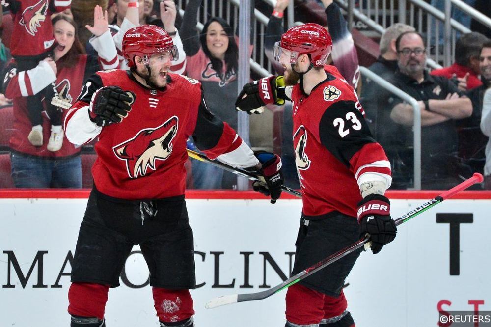 Alex Galchenyuk and Oliver Ekman-Larsson celebrating for the Arizona Coyotes