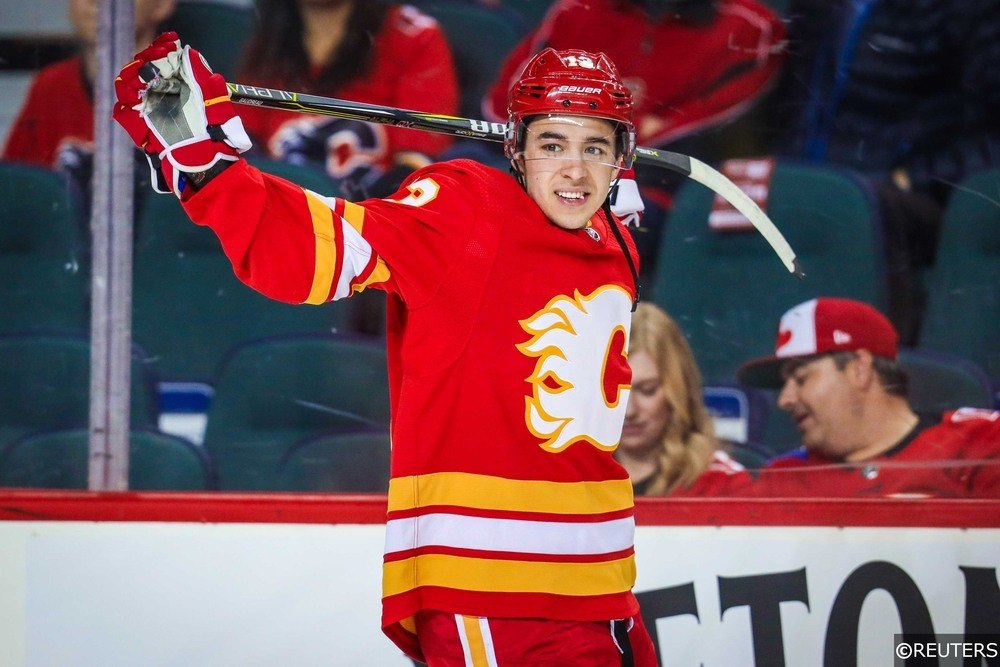 Johnny Gaudreau warming up for the Calgary Flames
