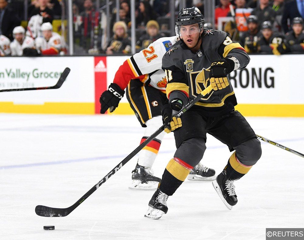 Jonathan Marchessault takes a shot on goal for the Vegas Golden Knights
