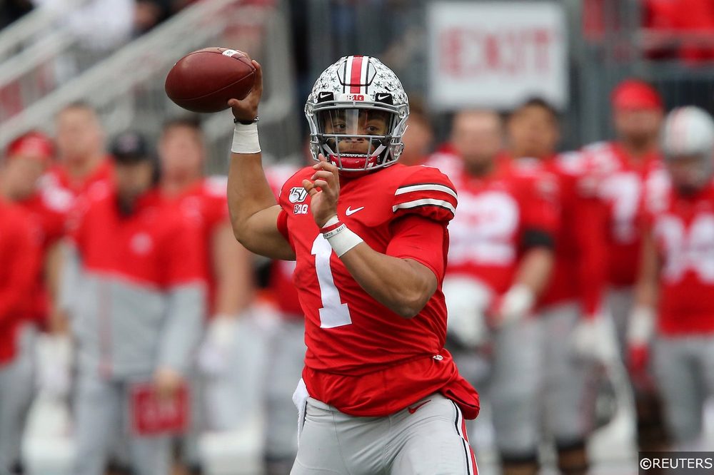 Justin Fields of Ohio State prepares to throw a pass.