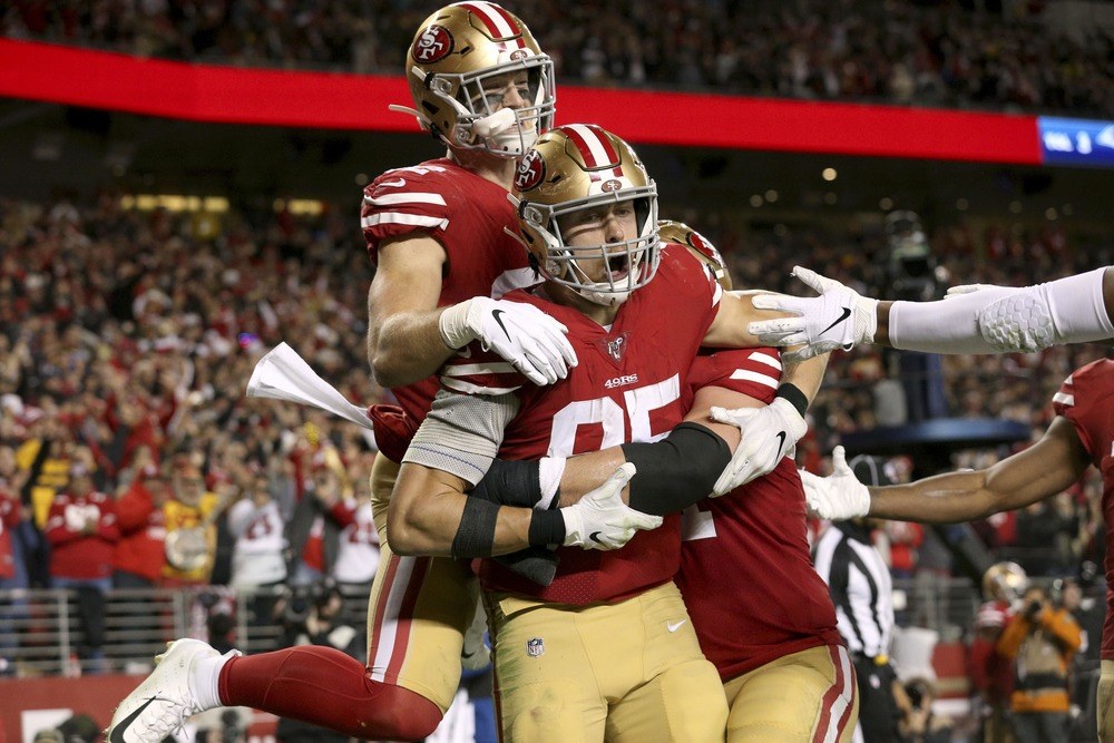 San Francisco 49ers tight end George Kittle (85) celebrates with tight end Ross Dwelley (82)