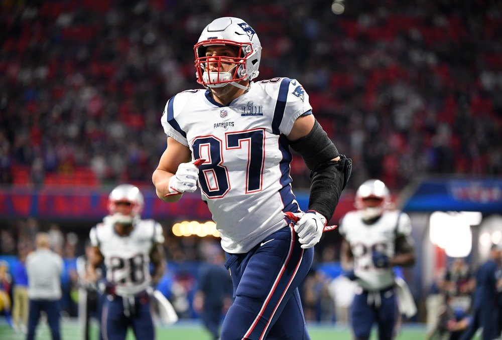 Rob Gronkowski warming up for the Super Bowl.