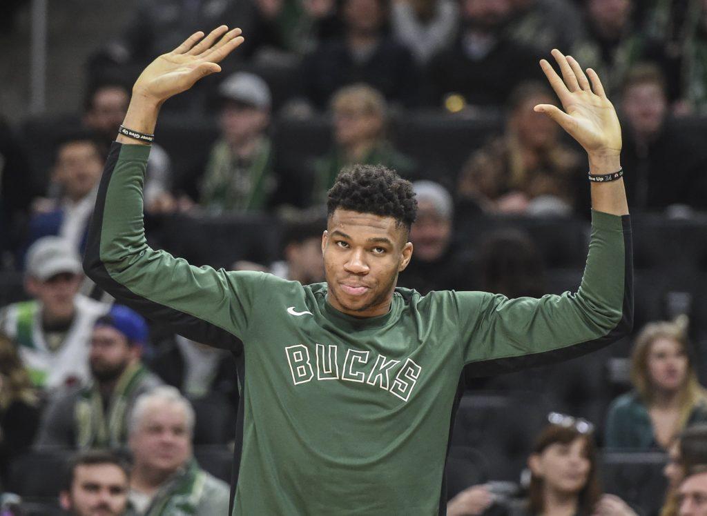 Giannis Antetokounmpo pumping up the crowd