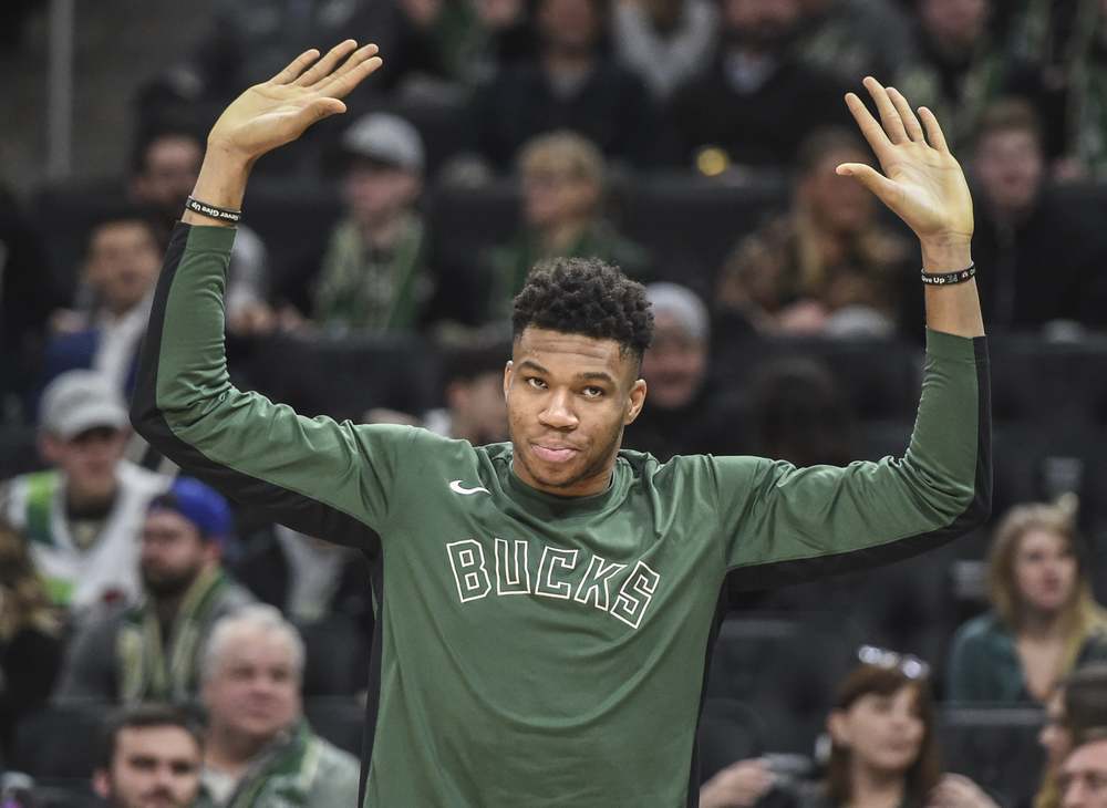 Giannis Antetokounmpo pumping up the crowd