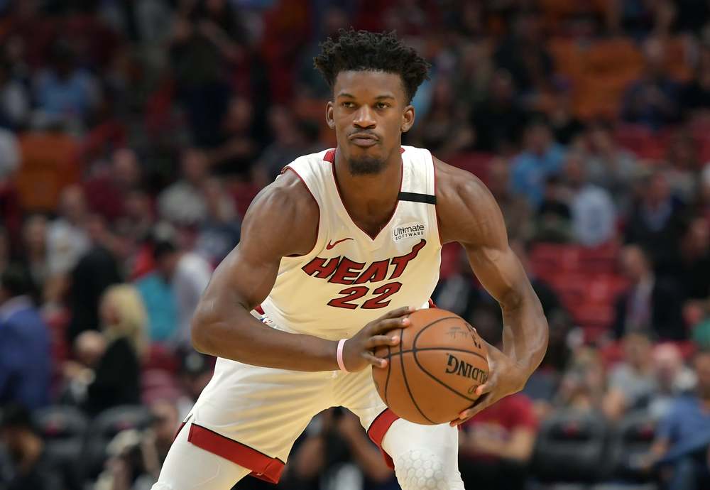 Miami Heat forward Jimmy Butler looks to pass.