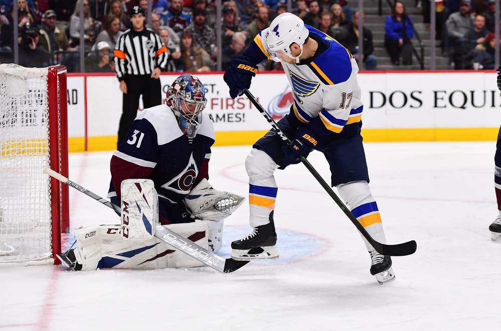 Jaden Schwartz of the St. Louis Blues looks to score against Colorado.