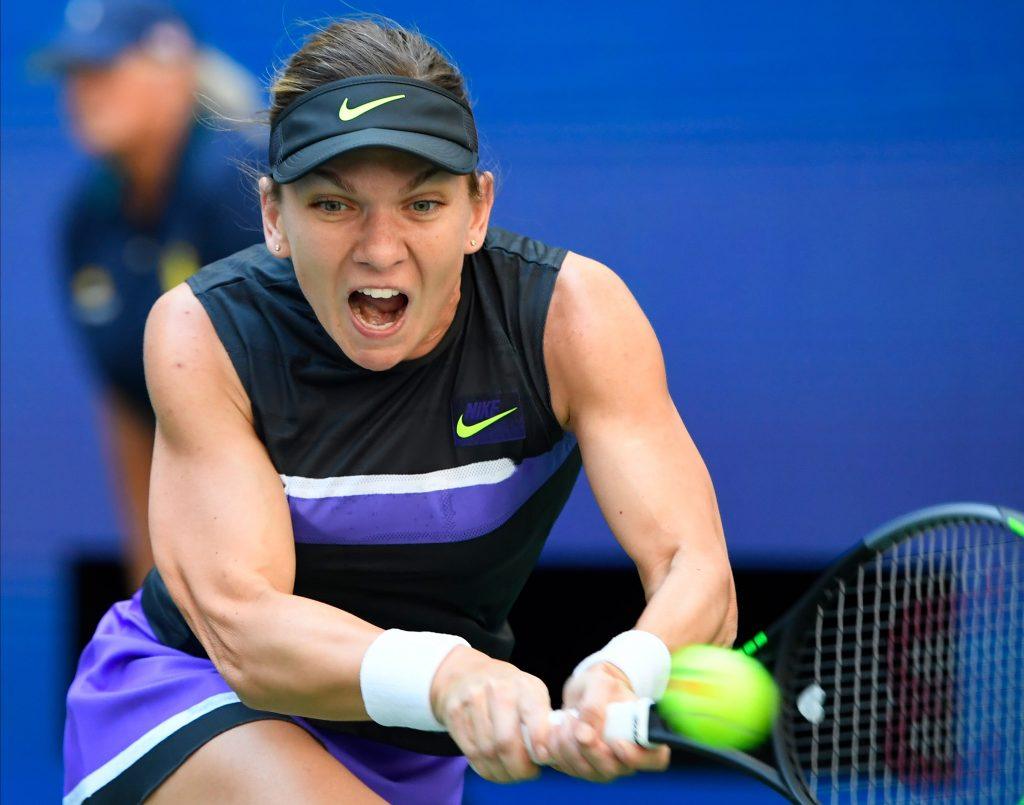 Simona Halep hits a backhand during U.S. Open action.