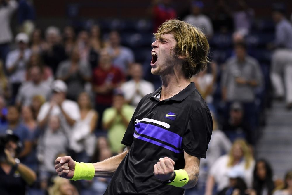 Andrey Rublev celebrates at the 2019 U.S. Open.