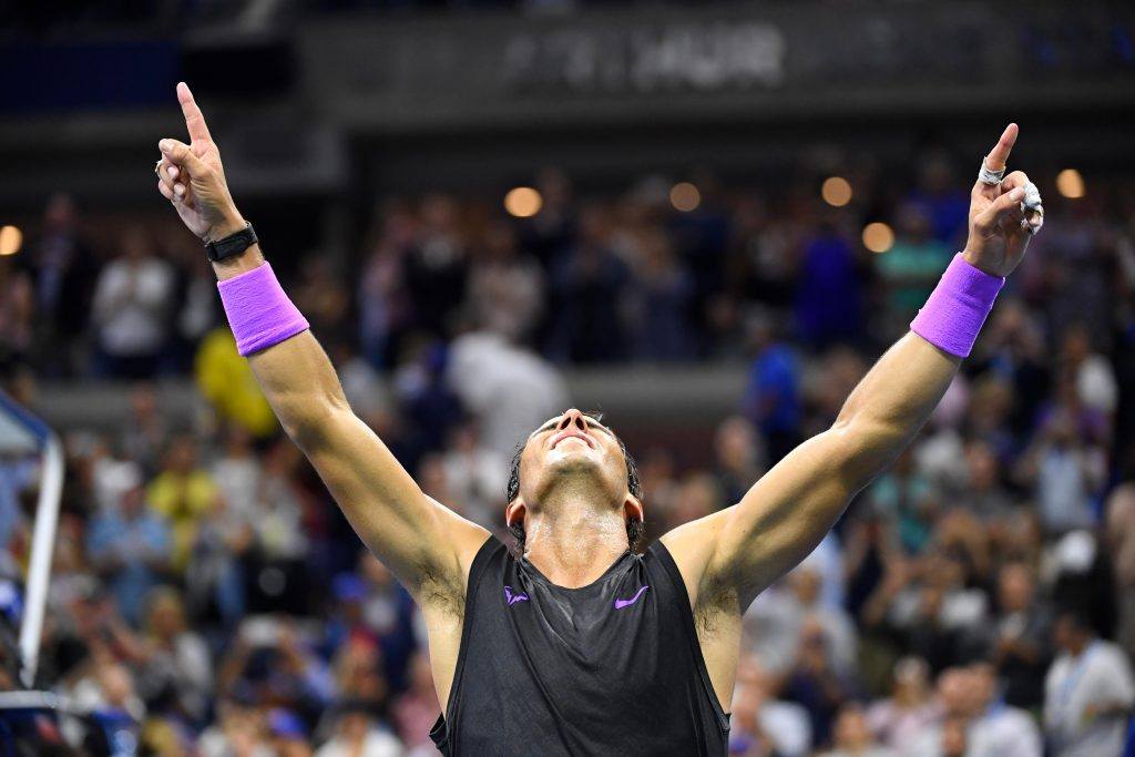 Rafael Nadal merayakan gelar AS Terbuka 2019.