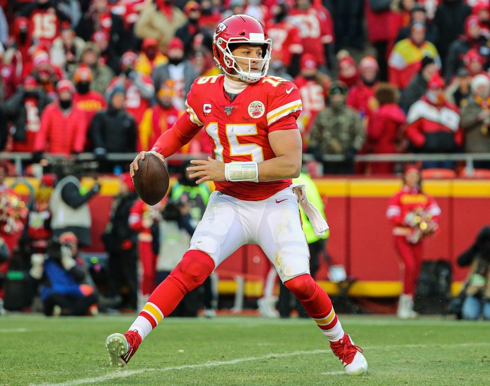 Patrick Mahomes of the Kansas City Chiefs drops back during the AFC Championship NFL win total