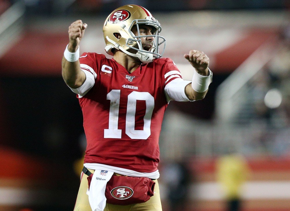 Jimmy Garoppolo of the San Francisco 49ers celebrates during the NFC Championship.