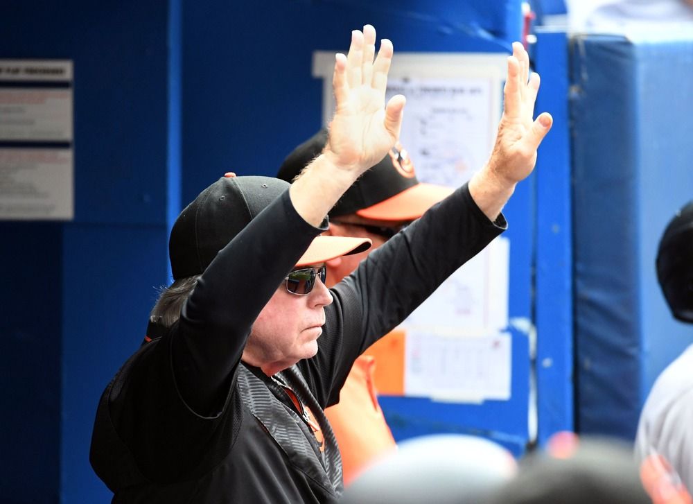 Buck Showalter calling signals for the Baltimore Orioles