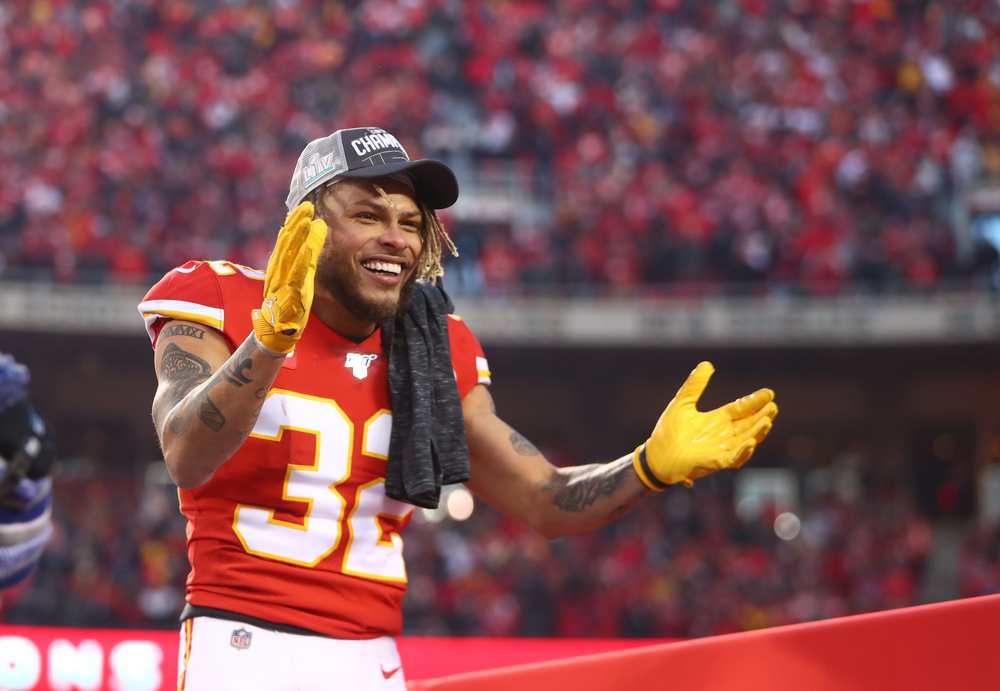 Tyrann Mathieu of the Kansas City Chiefs celebrates winning the AFC.