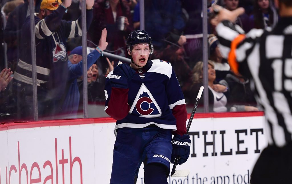 Cale Makar of the Colorado Avalanche celebrates a goal.