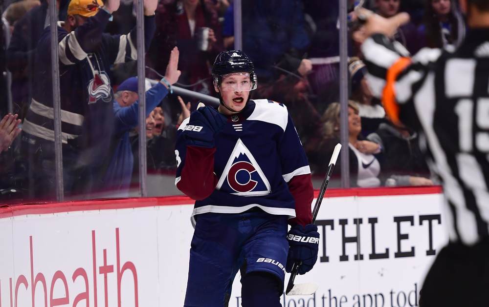Cale Makar of the Colorado Avalanche celebrates a goal.