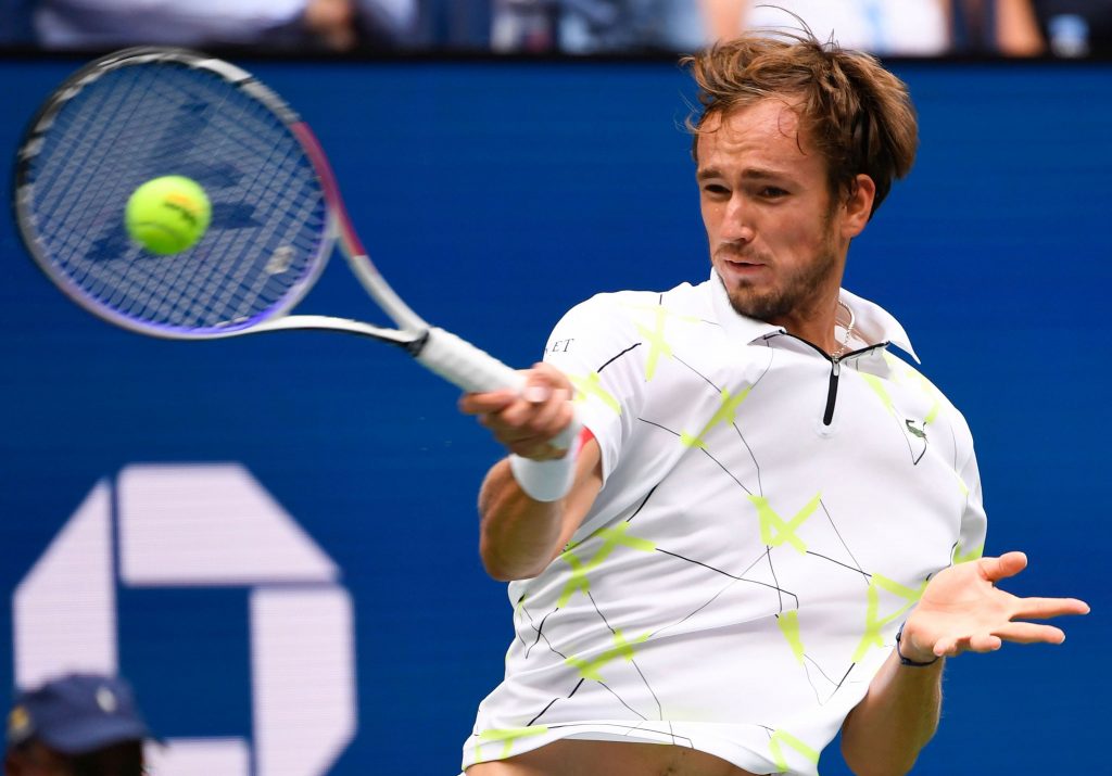 Daniil Medvedev hits a forehand during the 2019 U.S. Open final.