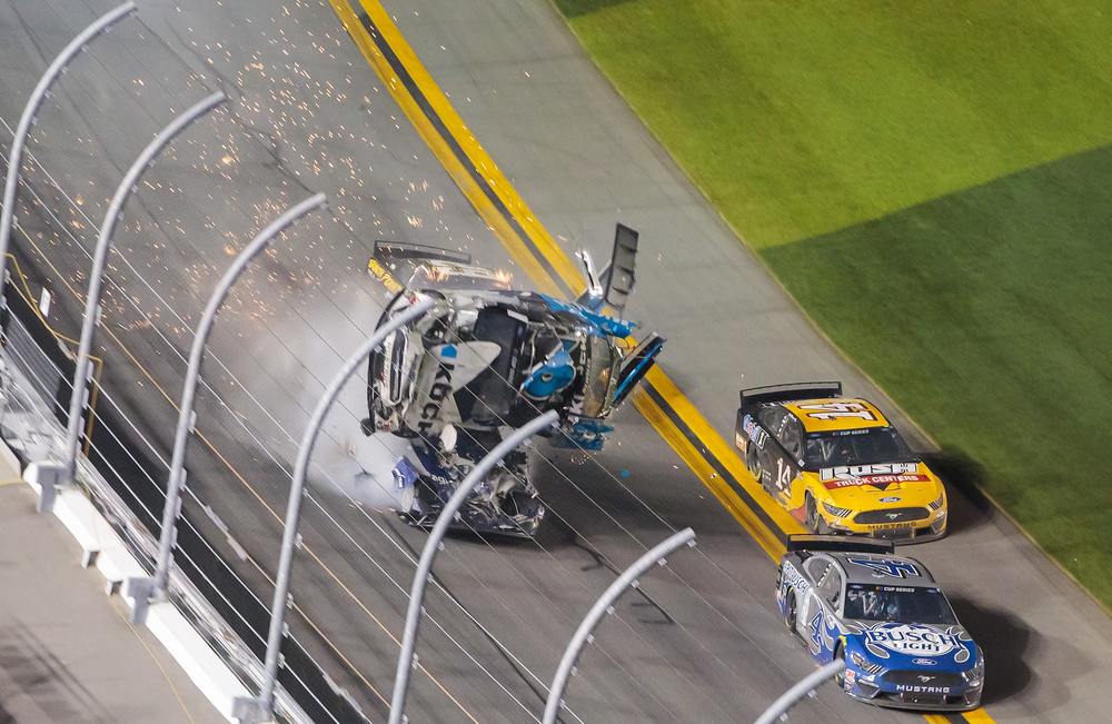 Ryan Newman's #6 car is sent airborne after being hit by #32 Corey Lajoie at the finish of the Daytona 500