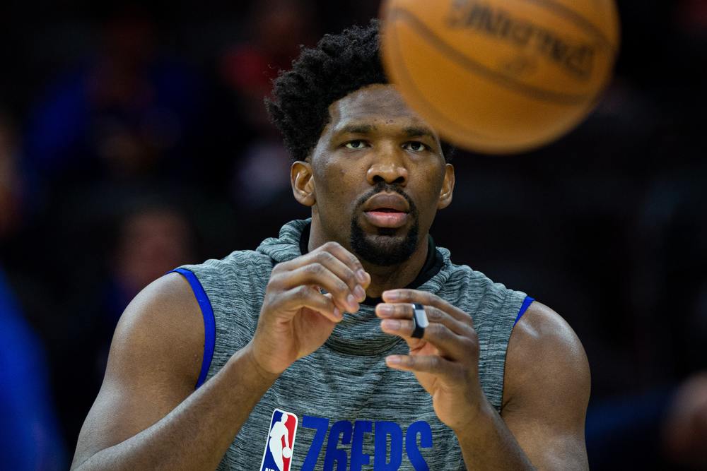Joel Embiid of the Philadelphia 76ers warms up for a game.