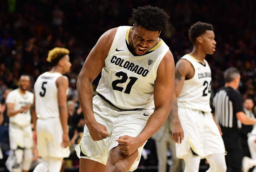 Colorado Buffaloes forward Evan Battey reacts to play against the UCLA Bruins.