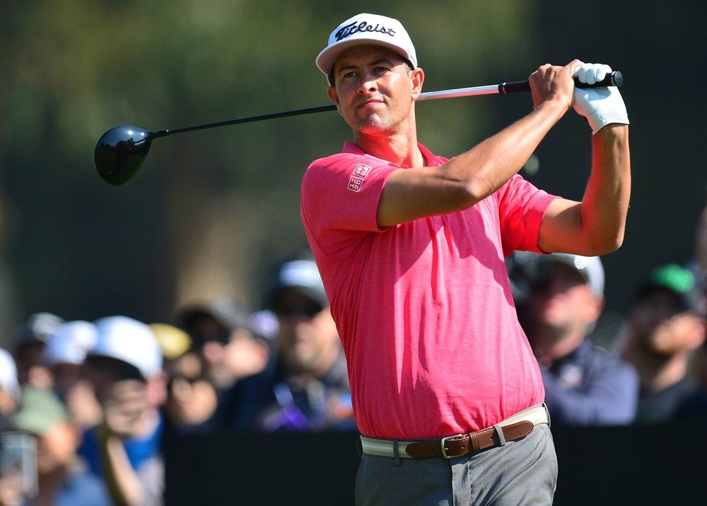 Adam Scott hits a tee shot at Riviera.