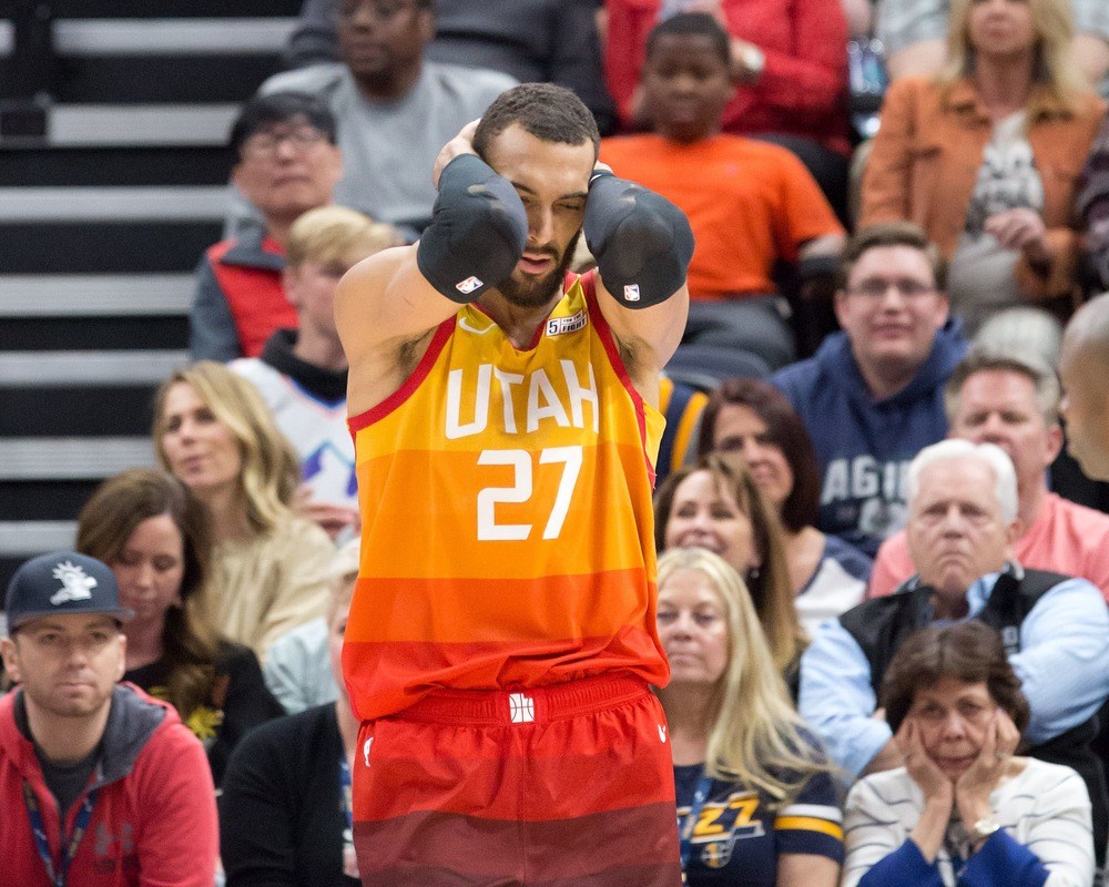 Utah Jazz center Rudy Gobert reacts to a call