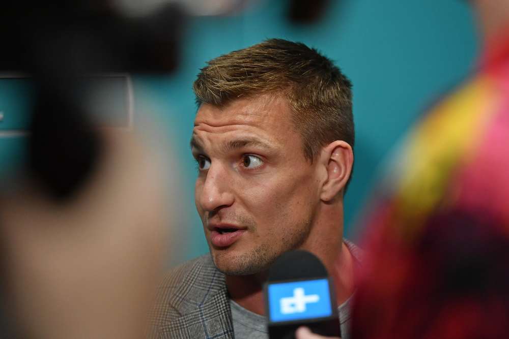 Rob Gronkowski talks at the Super Bowl.