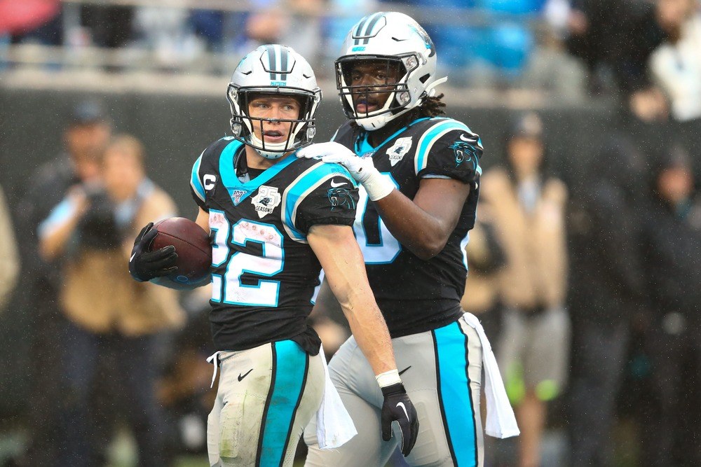 Carolina Panthers running back Christian McCaffrey after scoring a touchdown.