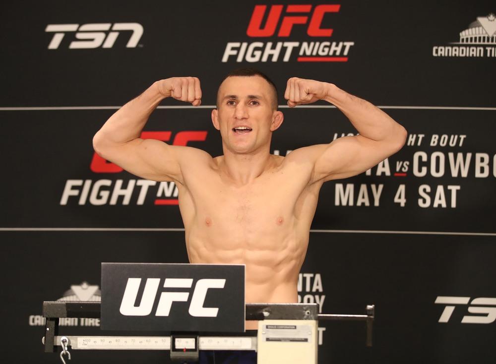 Merab Dvalishvili poses as he weighs in during weigh ins for UFC Fight Night at Canadian Tire Centre.