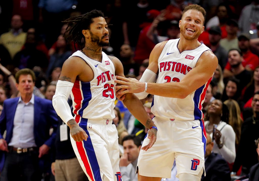 Detroit Pistons guard Derrick Rose and forward Blake Griffin