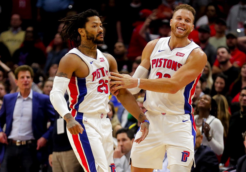 Detroit Pistons guard Derrick Rose and forward Blake Griffin