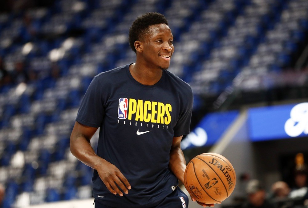 Victor Oladipo of the Indiana Pacers shoots around before a game.