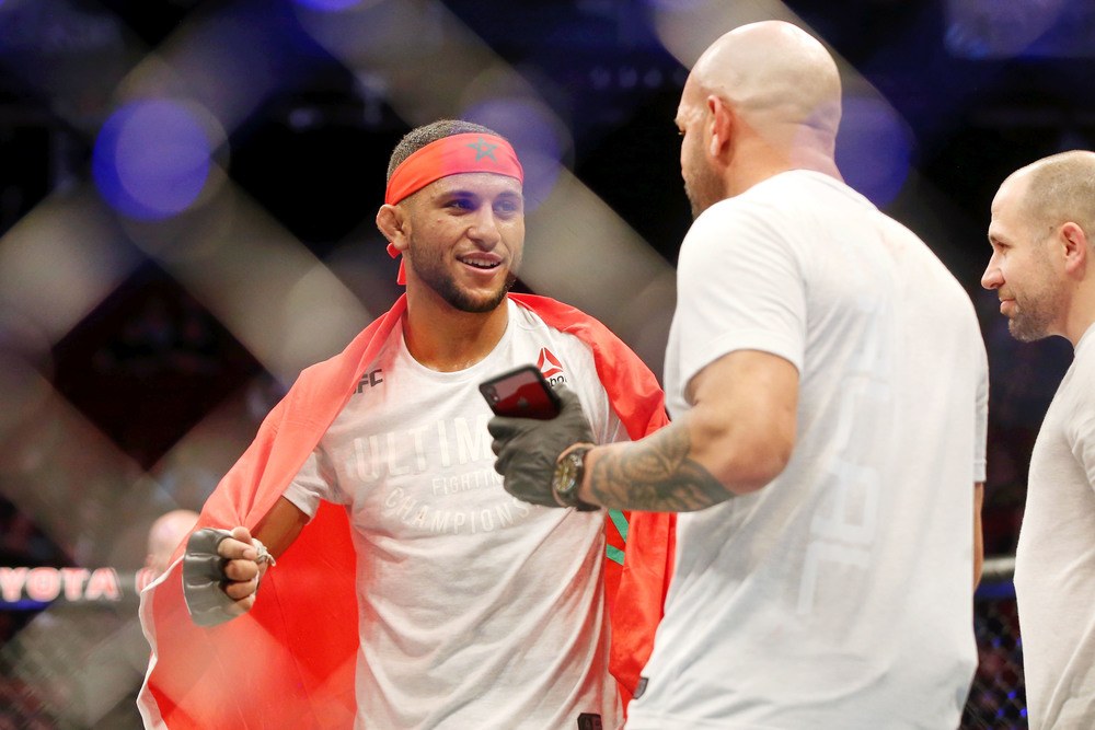 Youssef Zalal (blue gloves) after his win over Austin Lingo (not pictured) during UFC 247 at Toyota Center.