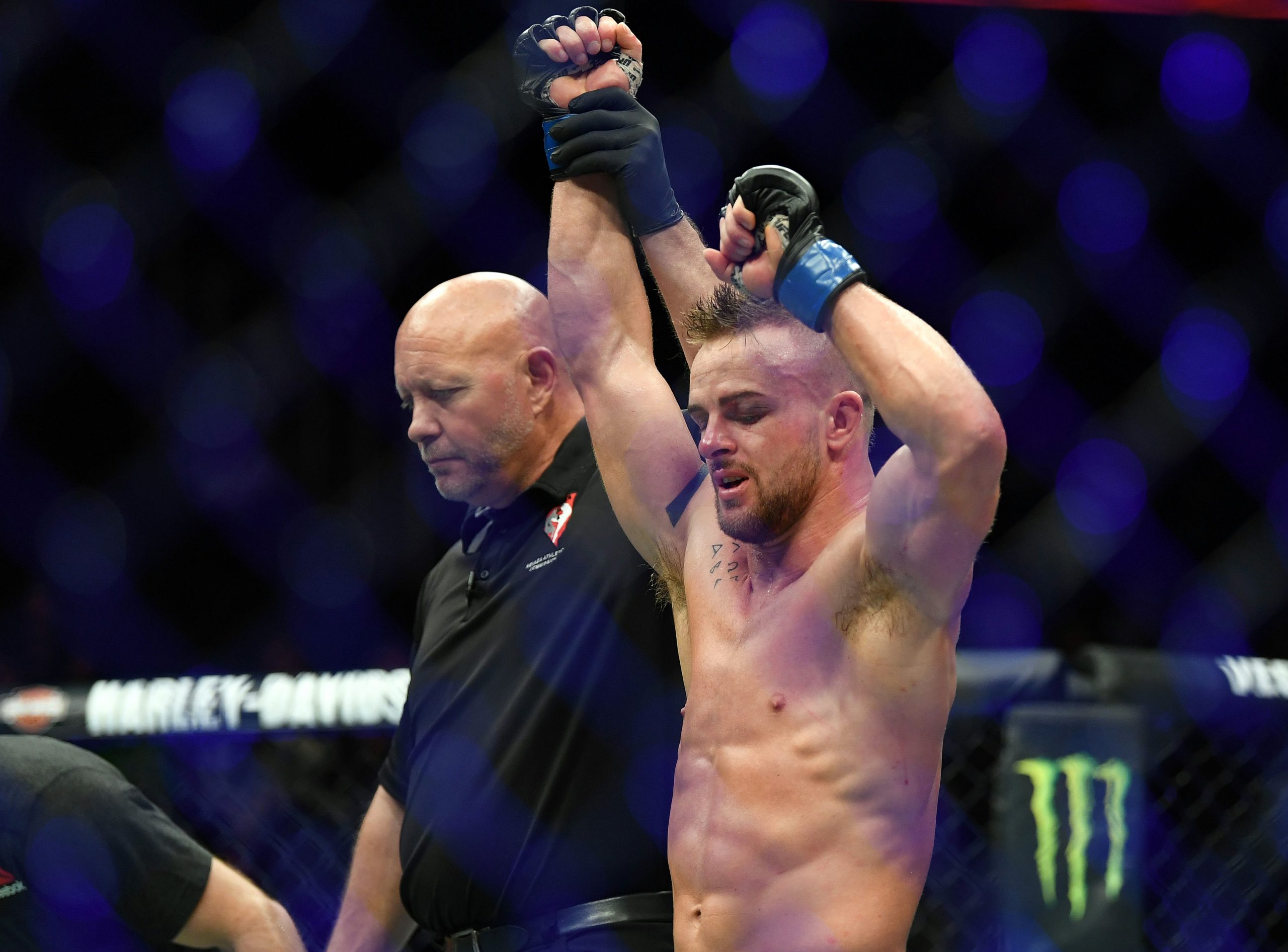 Mar 3, 2018; Las Vegas, NV, USA; Cody Stamann is declared the winner by decision against Bryan Caraway following their match at UFC 222 at T-Mobile Arena.