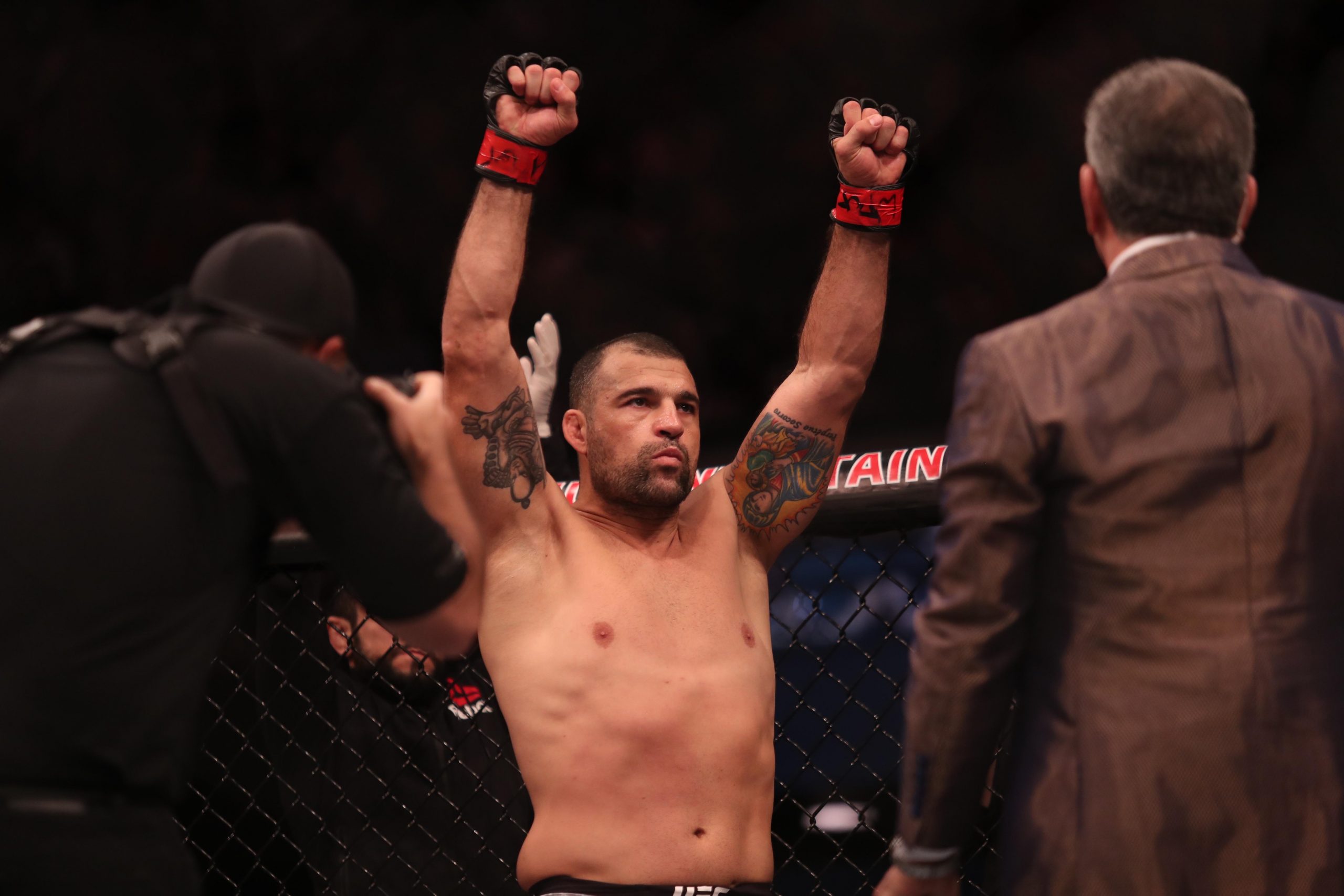 Dec 1, 2018; Adelaide, Australia; Mauricio Rua (red gloves) before his fight against Tyson Pedro (blue gloves) during UFC Fight Night at the Adelaide Entertainment Centre.