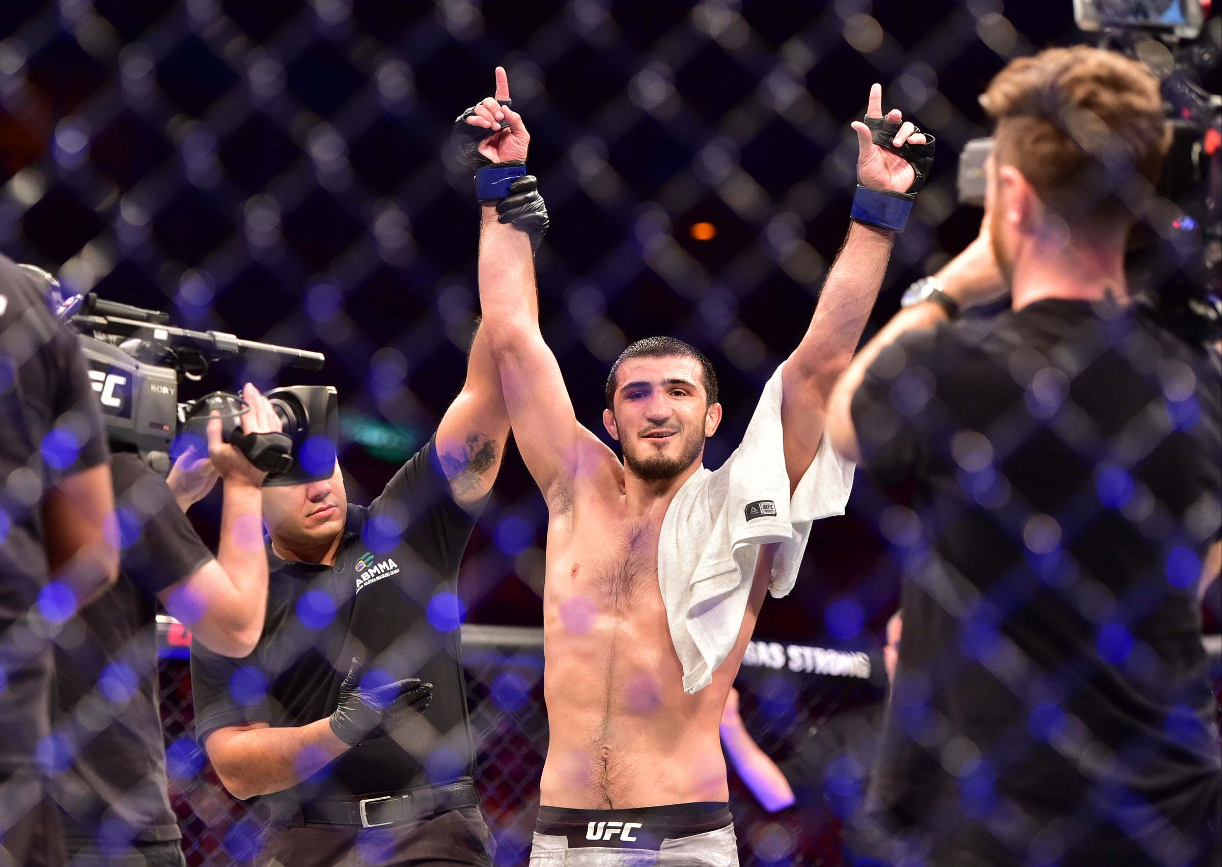 May 12, 2018; Rio de Janeiro, RJ, Brazil; Ramazan Emeev reacts after defeating Alberto Mina (not seen) during UFC 224 at Jeunesse Arena.