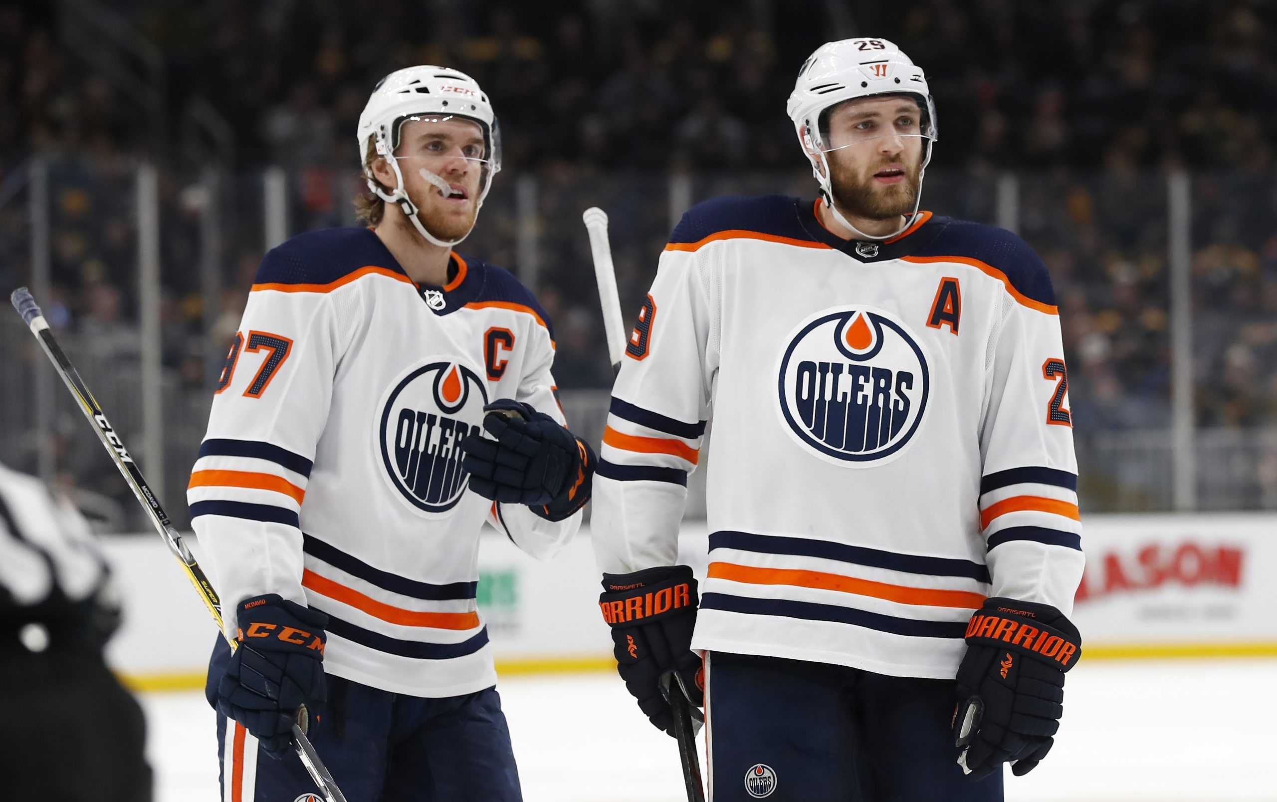 Edmonton Oilers center Connor McDavid (97) and center Leon Draisaitl (29)