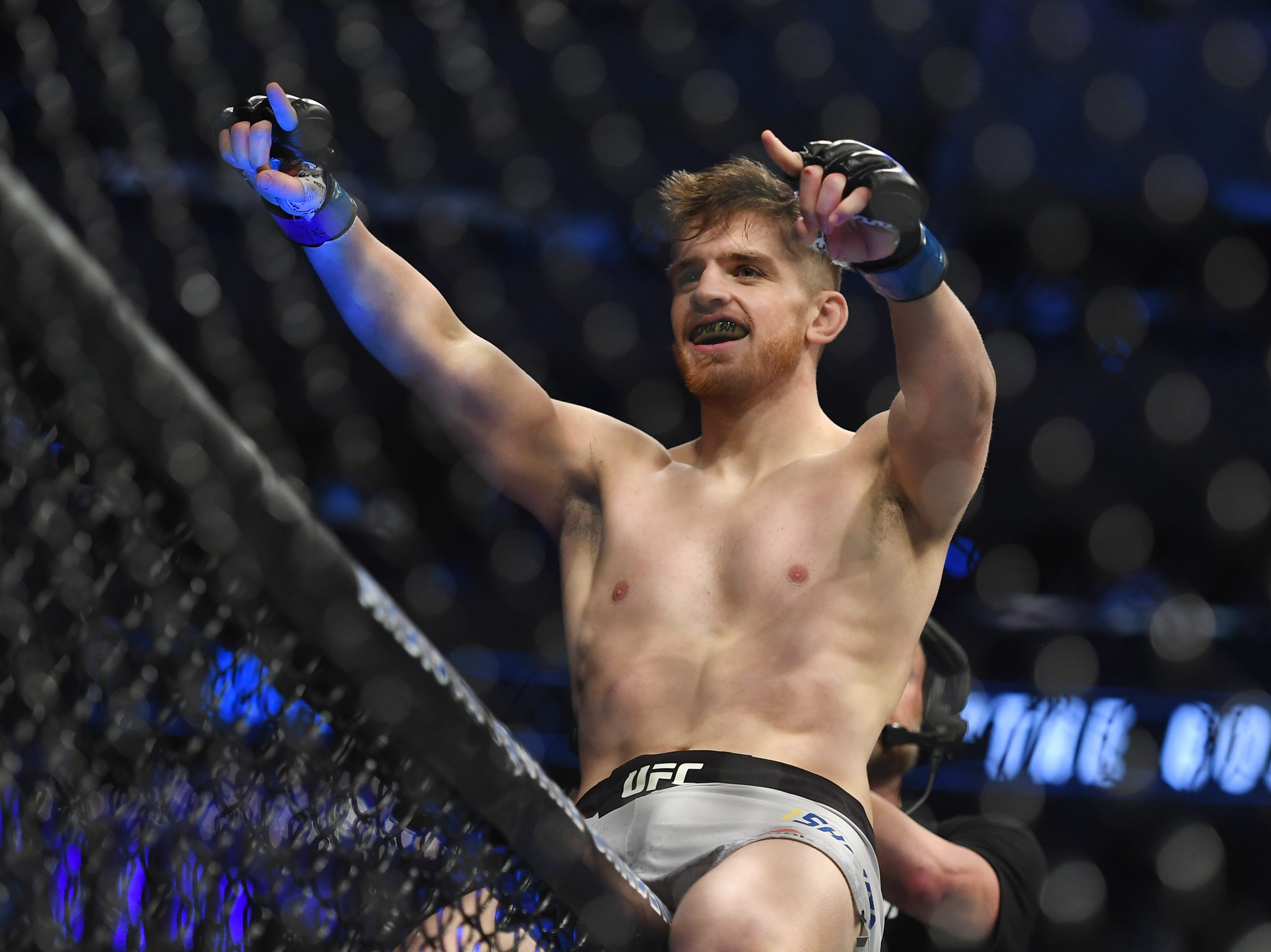 Nov 2, 2019; New York, NY, USA; Edmen Shahbazyan (blue gloves) defeats Brad Tavares (Red gloves) during UFC 244 at Madison Square Garden.