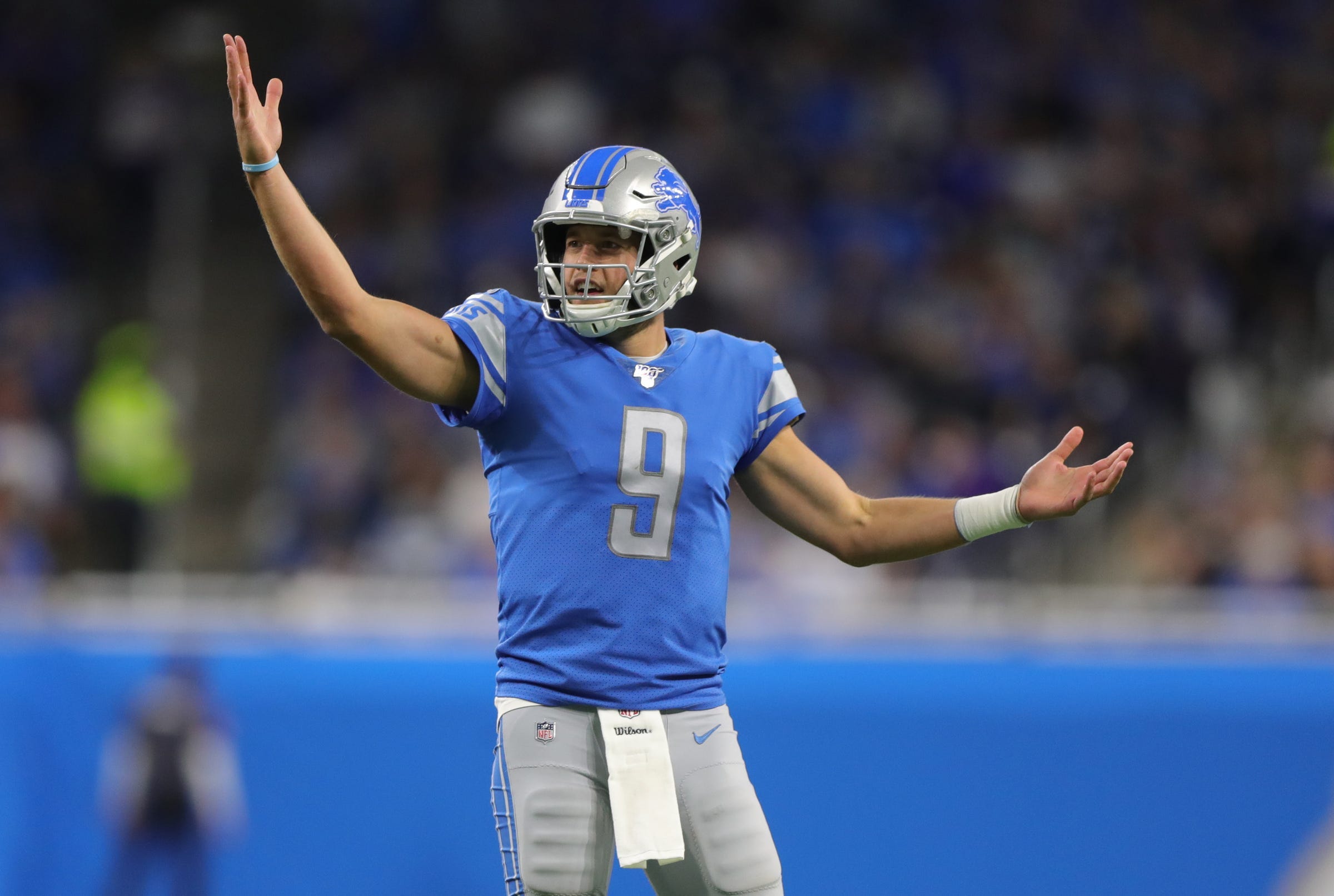 Detroit Lions quarterback Matthew Stafford reacts to a call during action against the Minnesota Vikings