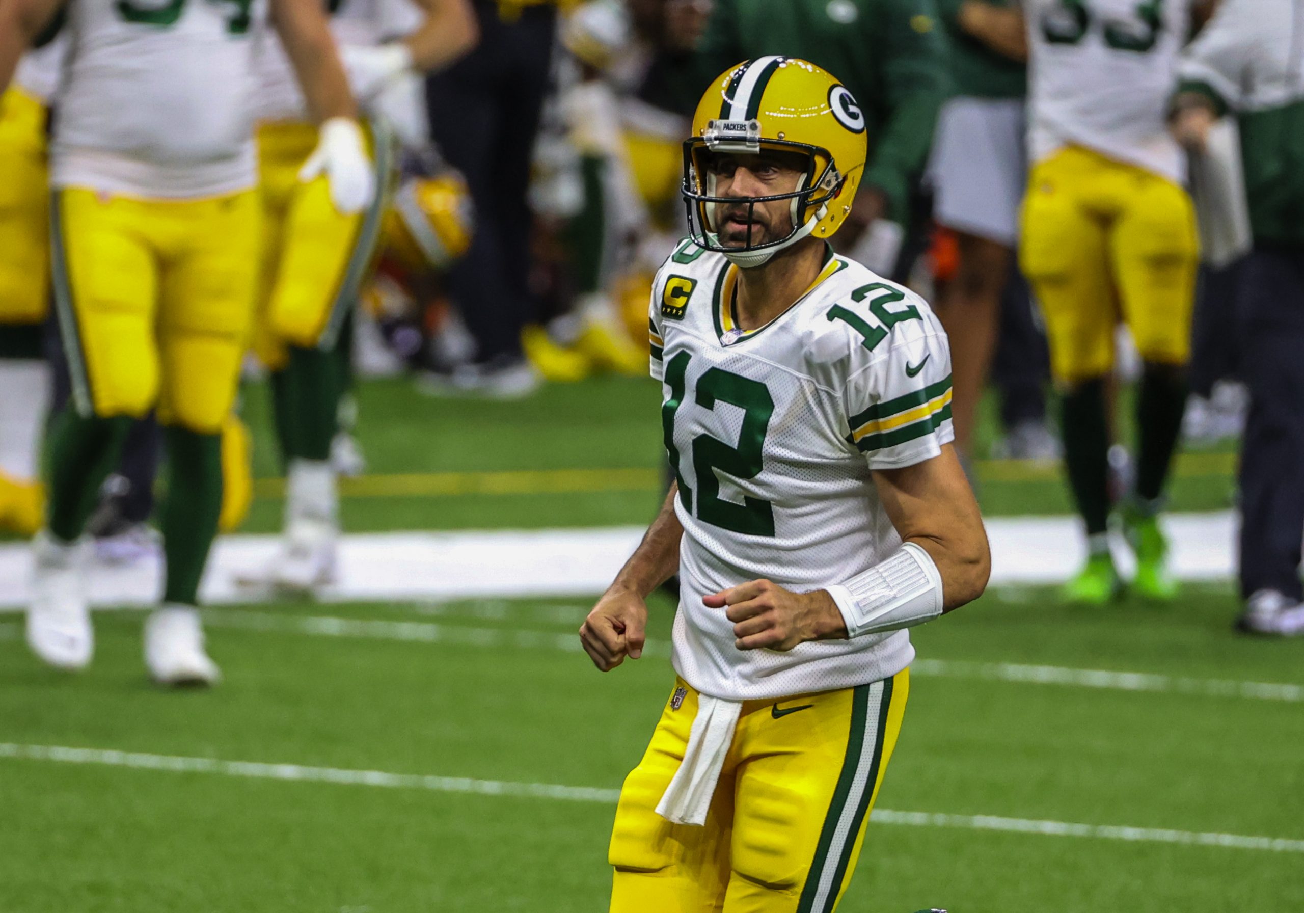 Green Bay Packers quarterback Aaron Rodgers (12) after a touchdown against the New Orleans Saints