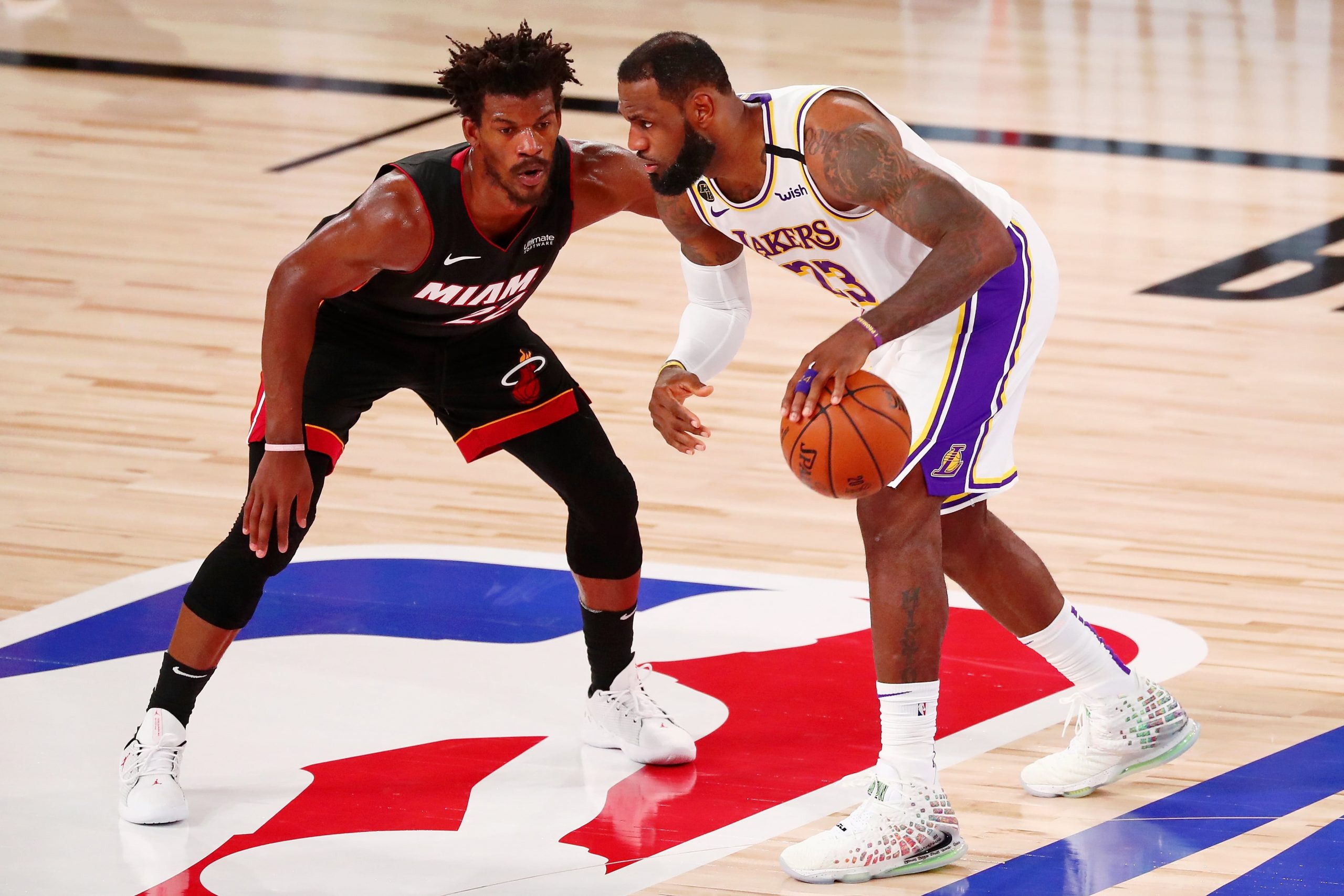 LeBron James of the Los Angeles Lakers and Jimmy Butler of the Miami Heat