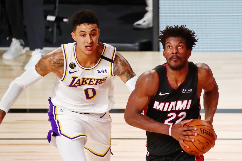 Kyle Kuzma of the Los Angeles Lakers and Jimmy Butler of the Miami Heat