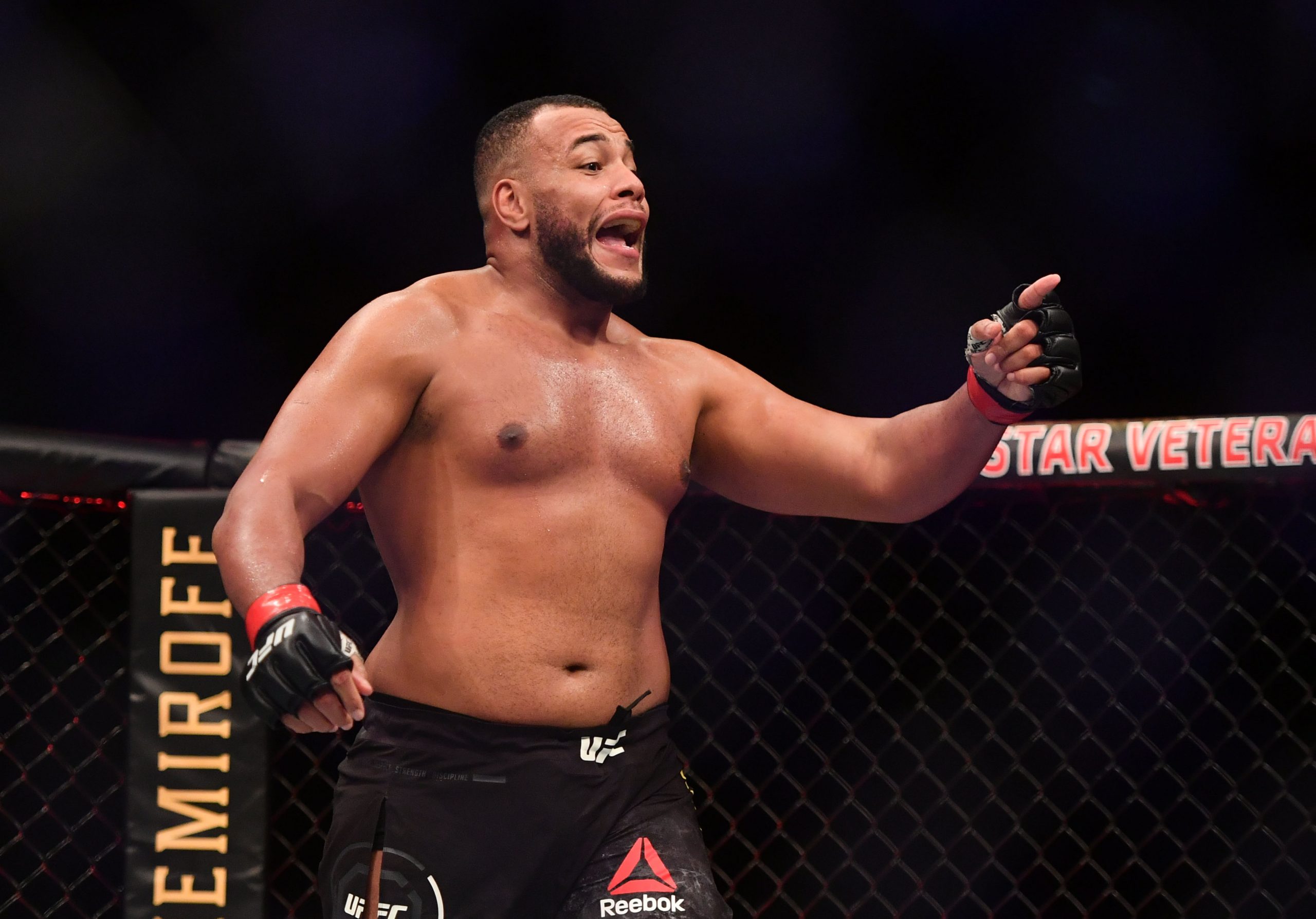 May 16, 2020; Jacksonville, Florida, USA; Rodrigo Nascimento Ferreira (red gloves) reacts after defeating Don'Tale Hayes (blue gloves) during UFC on ESPN at VyStar Veterans Memorial Arena.