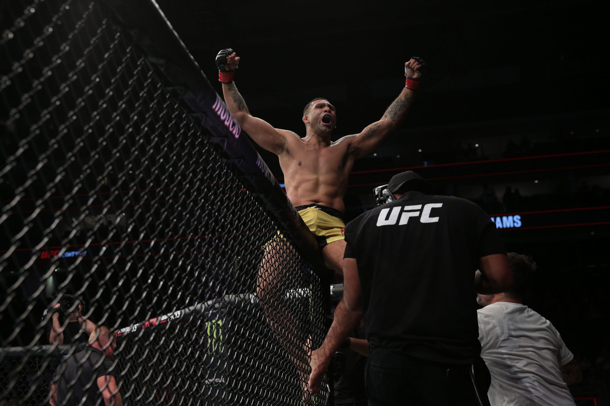 Aug 3, 2019; Newark, NJ, USA; Claudio Silva (red gloves) reacts against Cole Williams (not pictured) during UFC Fight Night at Prudential Center.