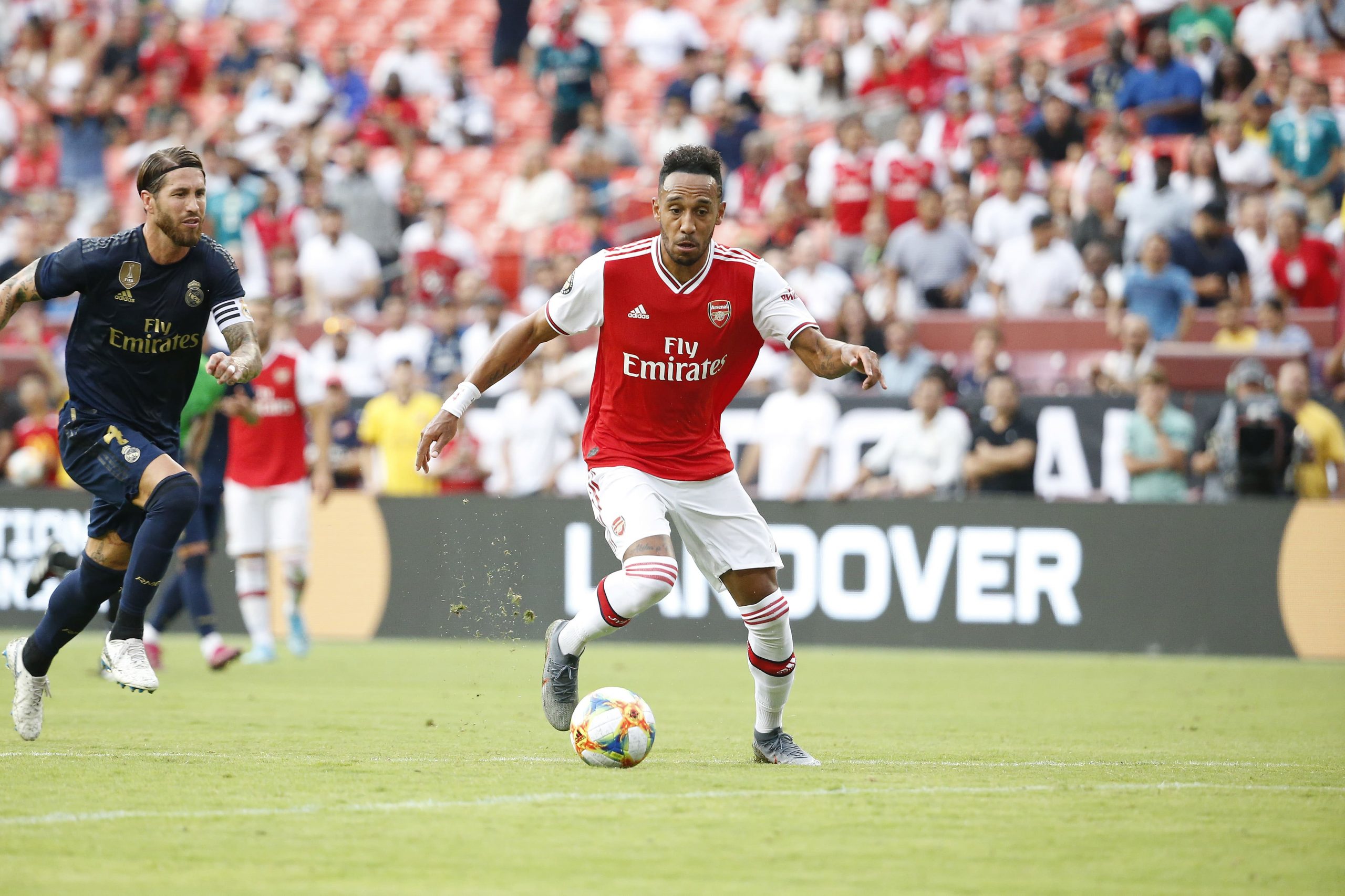 Arsenal forward Pierre-Emerick Aubameyang during the first half of a match in the International Champions Cup soccer series at FedEx Field.