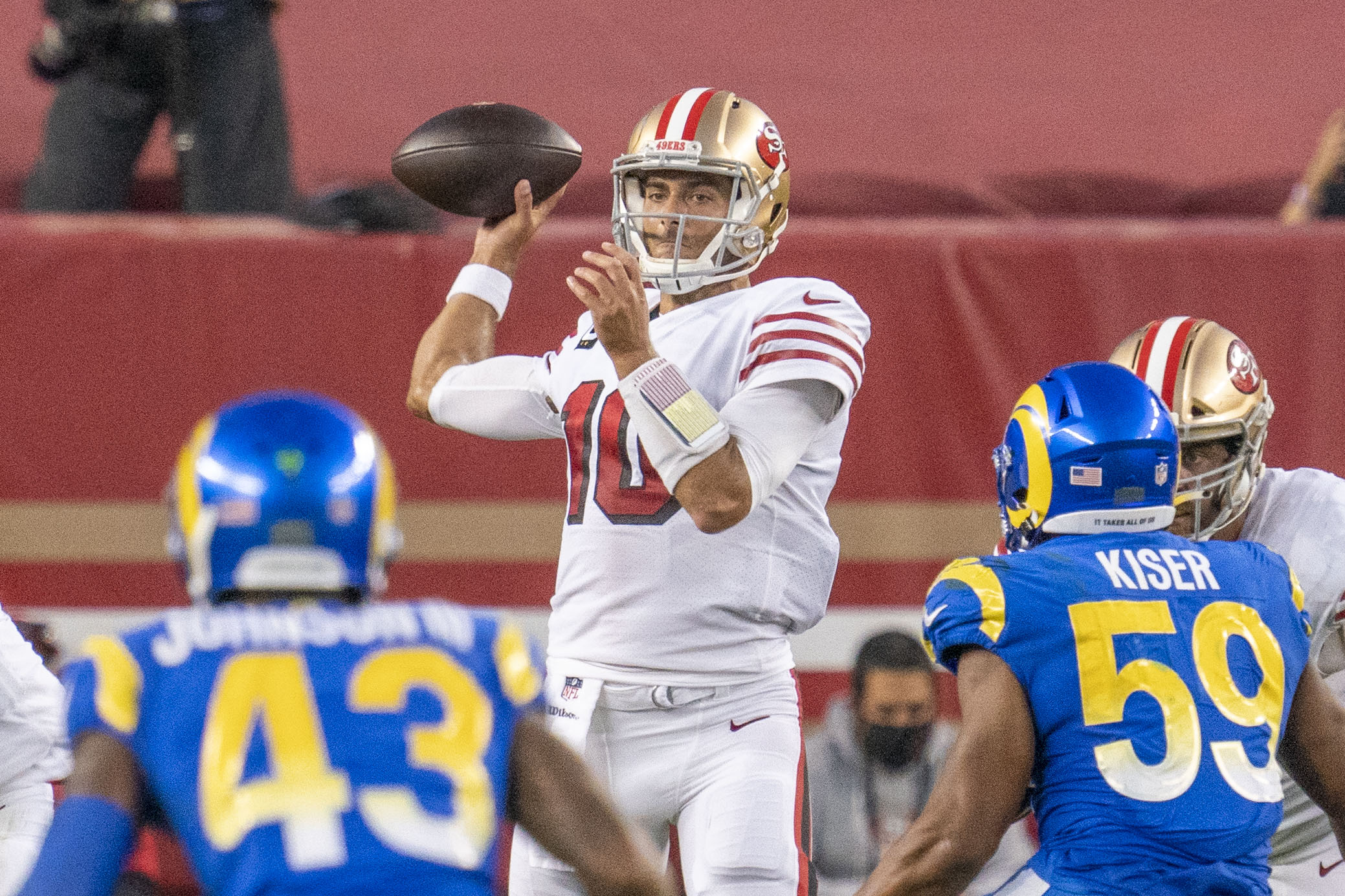 San Francisco 49ers quarterback Jimmy Garoppolo drops back to pass in win over Los Angeles Rams
