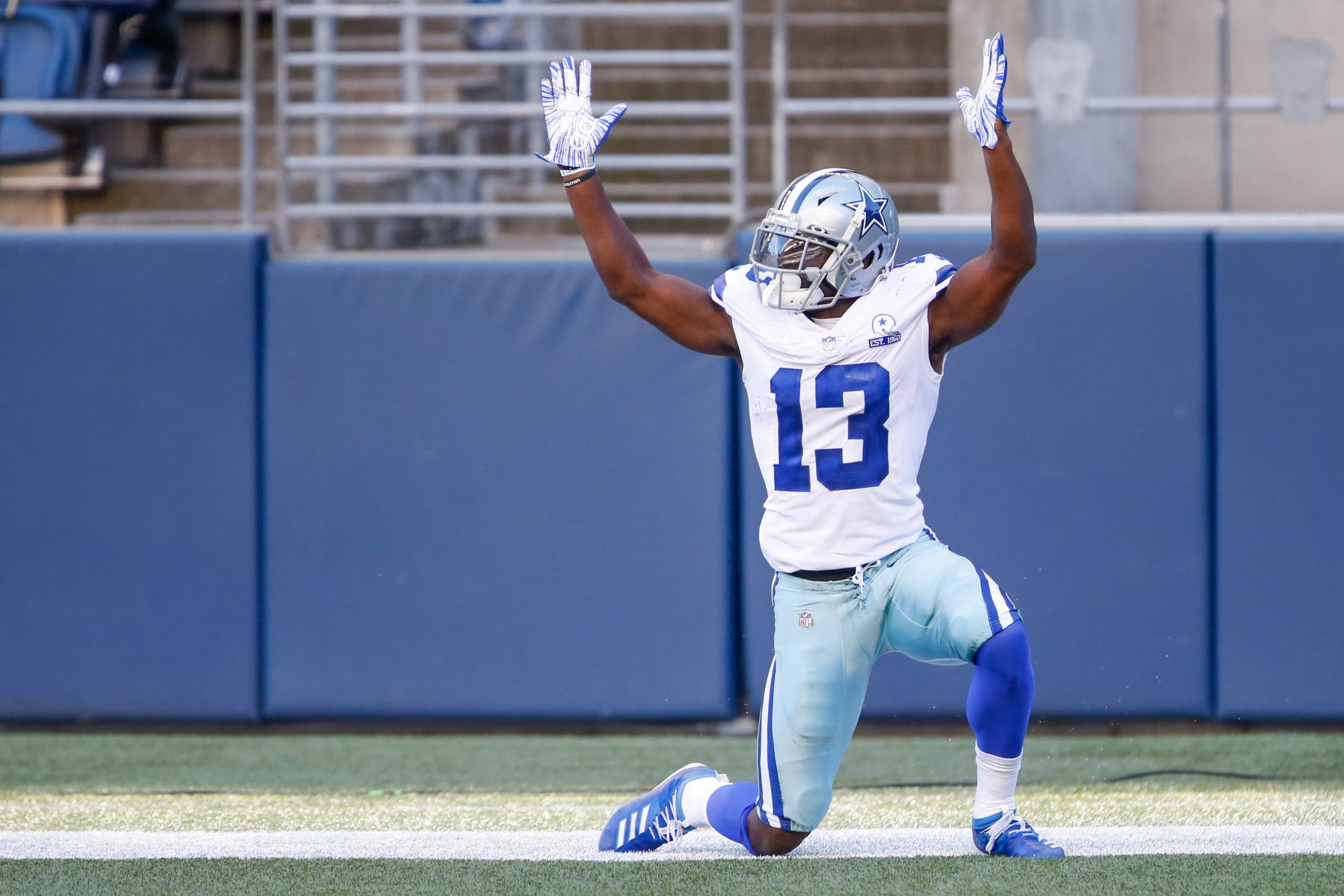 Dallas Cowboys wide receiver Michael Gallup reacts after catching a touchdown pass against the Seattle Seahawks during the fourth quarter at CenturyLink Field.