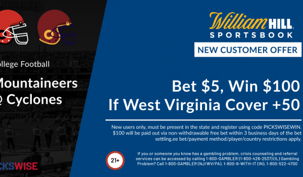 Bet $5, Win $100 if the Mountaineers cover +50 against the Cyclones!
