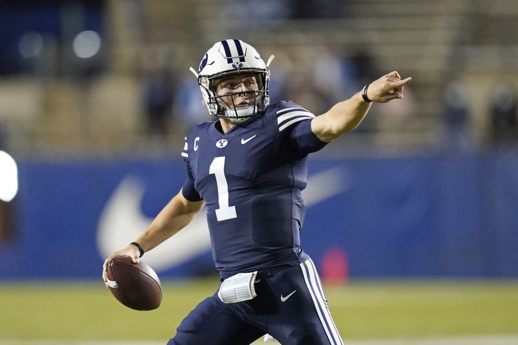 BYU Cougars quarterback Zach Wilson points to receiver during win over Texas State